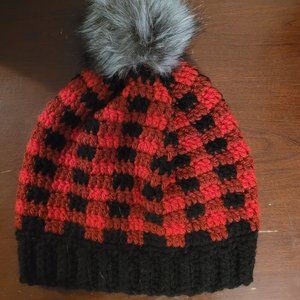 Handmade Buffalo Plaid Crochet Beanie with Faux Fur Pom